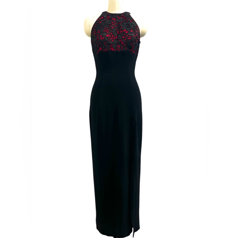 Vintage 90s Y2K Tadashi Slim Maxi Dress Sz S M Red Rose Lace Bodice Black Knit